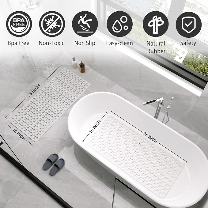 XIYUNTE Shower Mat Non Slip Bath Mat for Tub - 35" x 16" Soft TPE Bathtub Mat Non Slip Shower Mats for Inside Shower, Anti Slip Shower Mat with Suction Cups, Quick-Drying Bath Tub Mat, White
