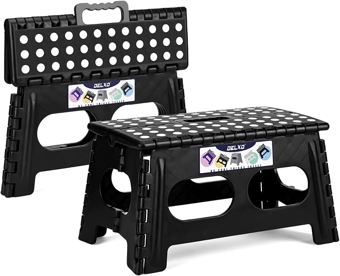 Delxo Folding Step Stool for Kids and Adults,15-Inch Extra Wide 9 Inch 2 Pack Height Heavy Duty Stepping Stool More Safe and Comfortable Non Slip Foldable Step Stool Black
