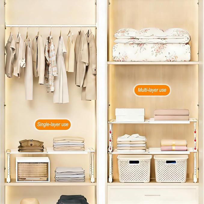 Expandable Cabinet Organizer Shelf, Adjustable Height Under Sink Storage Organizer, Shelf Riser for Kitchen, Bathroom, Wardrobe, Under Sink Counter(Beige) (1)
