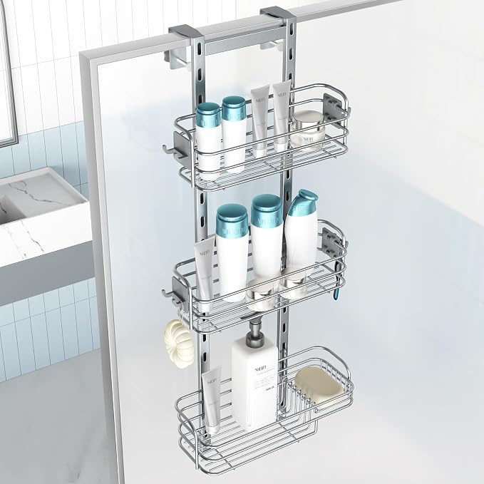 Nieifi Over The Door Shower Caddy Pantry Organizer Rack, Adjustable Hanging Shower Organizer Shelf Basket Storage Rack, Bathroom Shelves Drill Free Extra Large, Silver