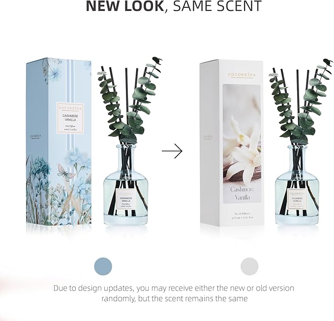 COCORRÍNA Cashmere Vanilla Reed Diffuser – 6.76 oz Essential Oil with 8 Reeds & Real Eucalyptus Sticks, Home Fragrance for Bedroom or Bathroom Décor