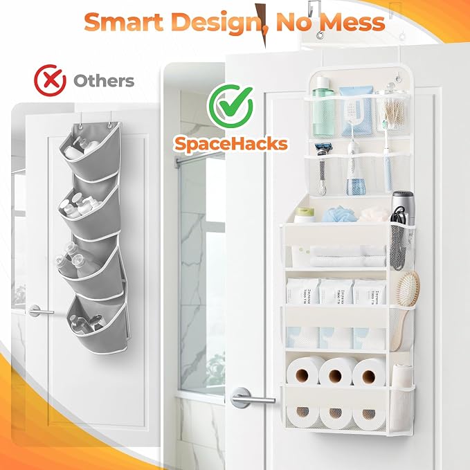 SpaceHacks 5-Tier Over the Door Organizer with Mesh Pockets, Baby Nursery Storage for Closet, Bathroom and Bedroom, Adjustable Hanging Closet Organizer for Cosmetics, Books and Essentials (Beige)