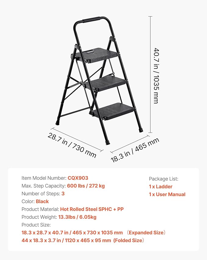VEVOR 3 Step Ladder, Folding Step Stool with Wide Anti-Slip Pedal and Comfort Handgrip, Lightweight 600 lbs Capacity Portable Steel Ladder, Multi-Use for Kitchen, Home, Household and Office, Black