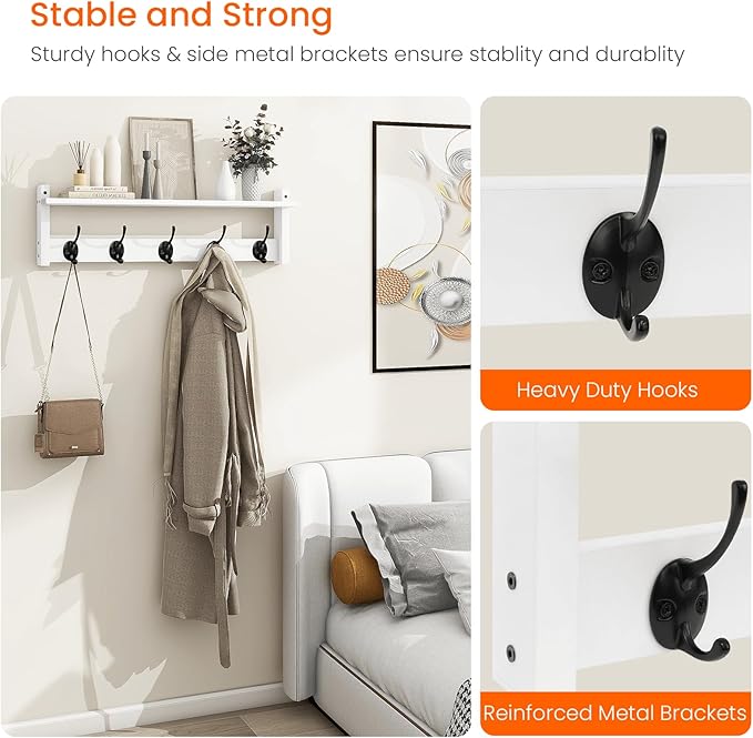 Homode Coat Rack with Shelf Wall Mount, 24 Inch Long Wall Shelf with Hooks Underneath, Wood Hanging Coat Hanger with Hat Shelves for Entryway, Bathroom, Mudroom, White