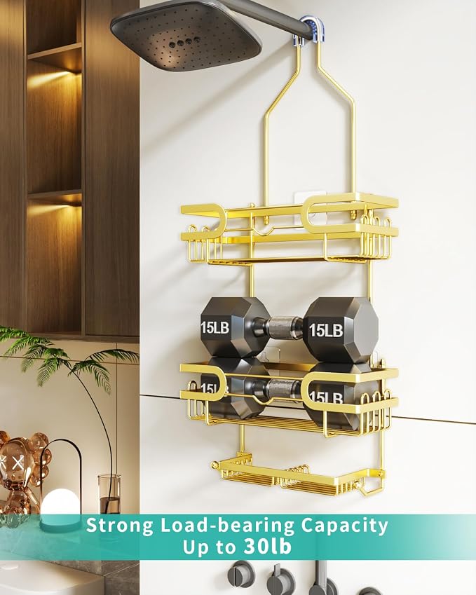 HapiRm Shower Caddy over Shower Head with 2 Soap Holders, Rustproof & Waterproof Hanging Bathroom Organizer with 12 Hooks, No Drilling Hanging Bathroom Caddy - Gold
