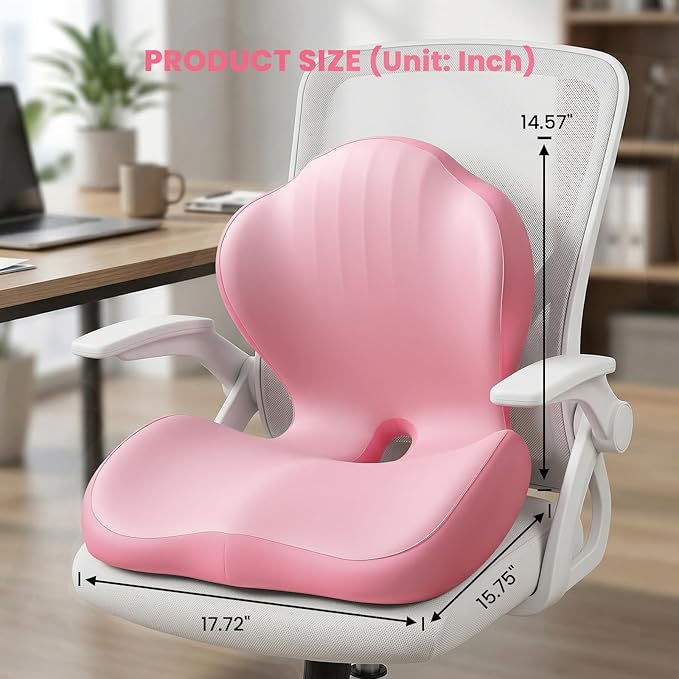 Lumbar Support Pillow for Office Chair for Women, Pink Seat Cushion for Back Support, L-Shaped Memory Foam Chair Pad for Sciatica Relief, 3.95in Thick Seat Riser with Breathable Washable Cover