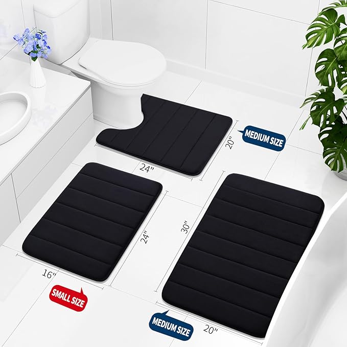 Buganda Memory Foam Bath Mat, 47" x 20", Ultra Soft and Non-Slip Bathroom Rugs, Water Absorbent and Machine Washable Bath Rug Runner for Bathroom, Shower, and Tub, Black