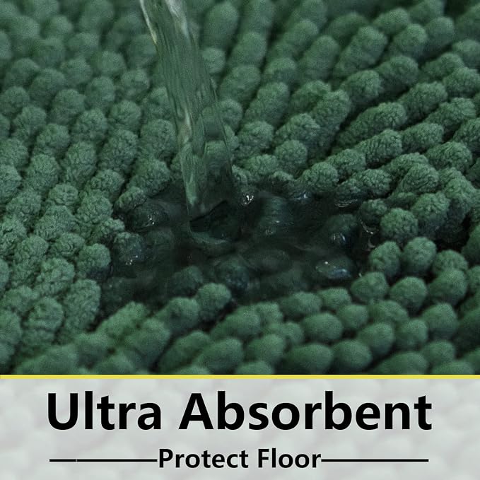 Green Bathroom Rug Chenille 3-Piece Extra Soft and Absorbent Shag Bath Mat Set, Machine Wash Bathroom Rug Set, Strong PVC Non-Slip Underside, Plush Carpet Bath Mat (Dark Green)