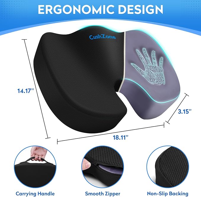 CushZone Seat Cushion - Memory Foam Office Chair Cushion for Sciatica, Tailbone & Back Pain Relief - Orthopedic Coccyx Pillow for Car, Airplane, Pregnancy & Long Sitting at Work, Black