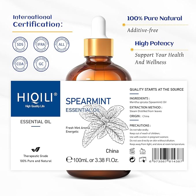 HIQILI 100ML Spearmint Oil for Skin Care, Facial, Can be Added to Lotions, Creams -100% Pure Natural Treatment Grade - 3.38 Fl Oz