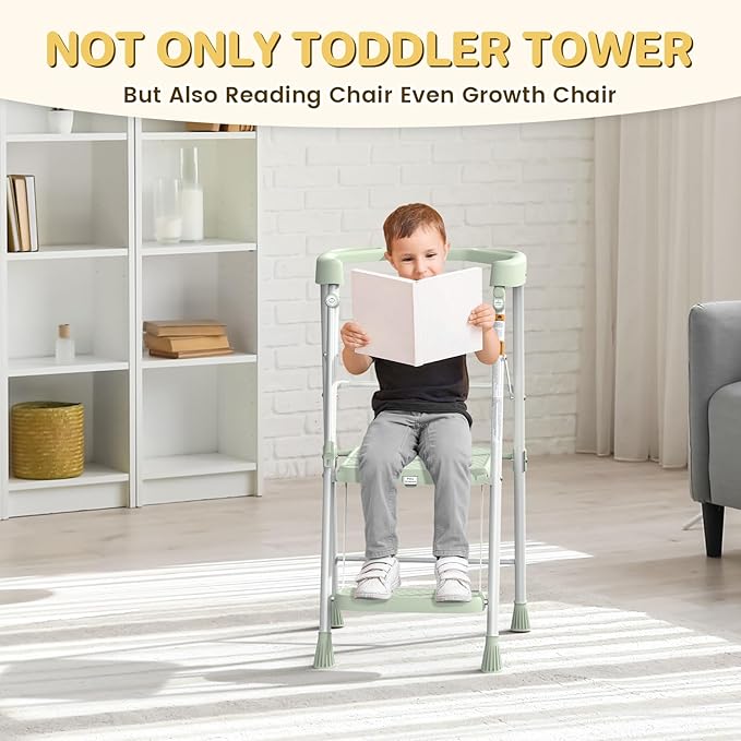 HBTower Kids Step Stool 2 Steps with Anti-Drop Safty Railing, Toddler Tower for Kitchen Counter Learning, Toddler Kitchen Stool Helper,Kids Standing Folding Stepper (Green)