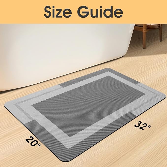 ACCUMTEK Non Slip Bath Mat, Thin Bathroom Rugs Fit Under Door, Quick Dry Bath Mats, Machine Washable Bath Rugs for Bathroom, Bathtub & Kitchen, Grey/Bordered/32 x20