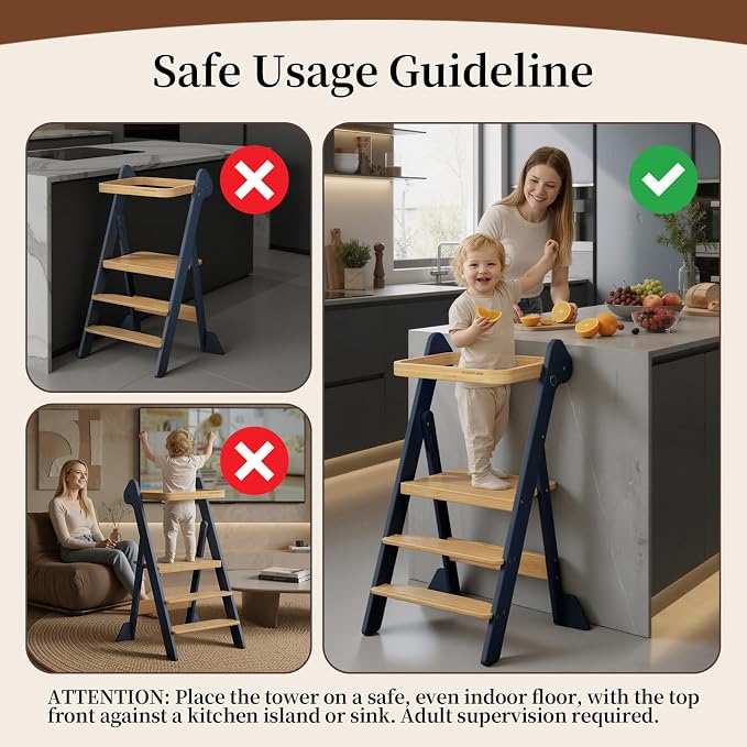 COSYLAND Foldable Standing Tower – IF Design Awarded Toddler Kitchen Step Stool with Safety Net & Large Side Support Legs– Adjustable Toddler Learning Helper Stool (Slate Blue & Natural)-Foldi