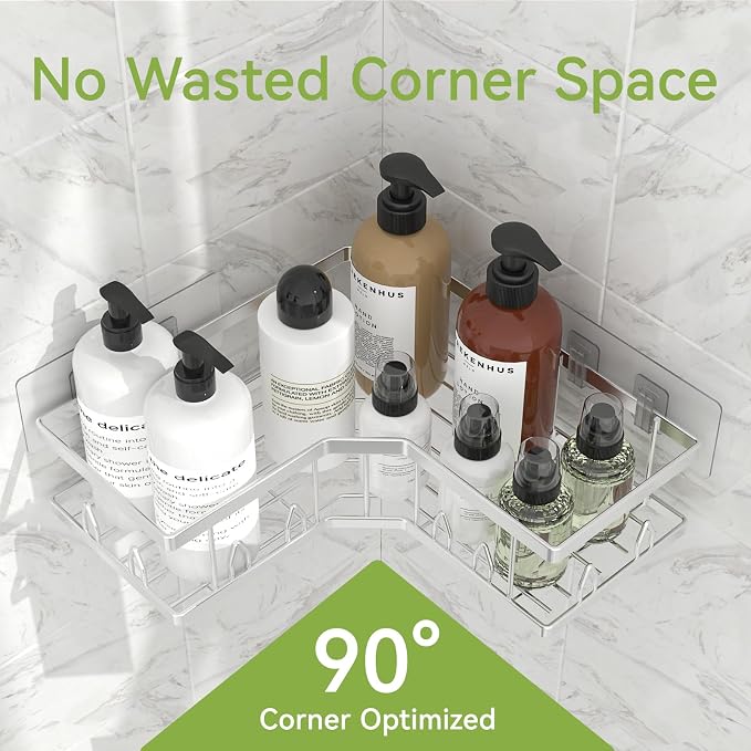 Shower Shelf Corner, Adhesive Shower Caddy Rustproof, Shower Shelves Corner with Soap Holder, No Drilling Shower Corner Organizer for Dorm, Renters Bathroom, Silver, 3 Pack