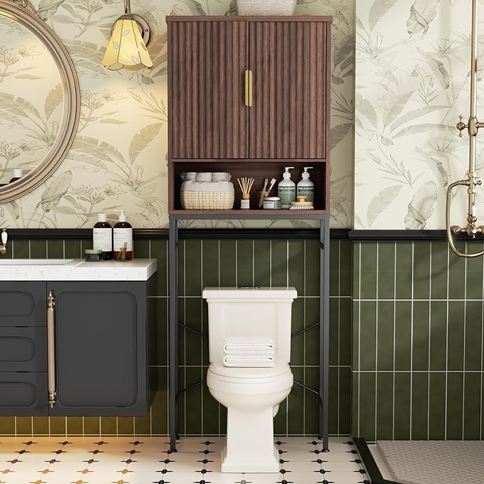 FiveWillowise Over The Toilet Storage Cabinet with Fluted Doors and Adjustable Shelf, Tall Bathroom Organizer with Metal Stand Space Saver Over Toilet, Wood Rack for Bathroom, Restroom, Laundry