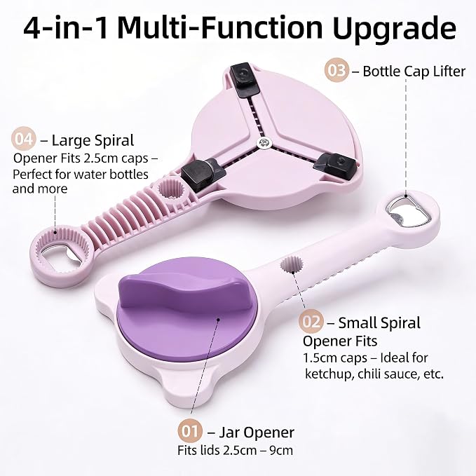 New 4-in-1 Retractable Jar Bottle Opener, Adjustable Stainless Steel Lid Remover with Non-Slip Grip for Seniors, Multi-Functional Jar Opener with Ergonomic Handle for Kitchen Jars Cans Bottles(Purple)