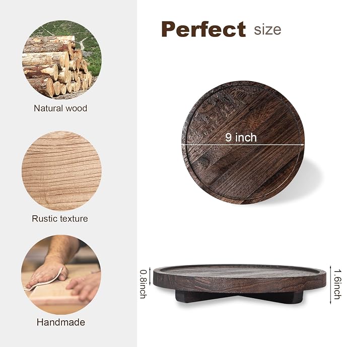 Round Decorative Tray Wood Bathroom Counter Organizer Farmhouse Kitchen Decor Wooden Riser for Soap Dish, Perfume, Candle, Sponge, 9 Inch, Dark Brown