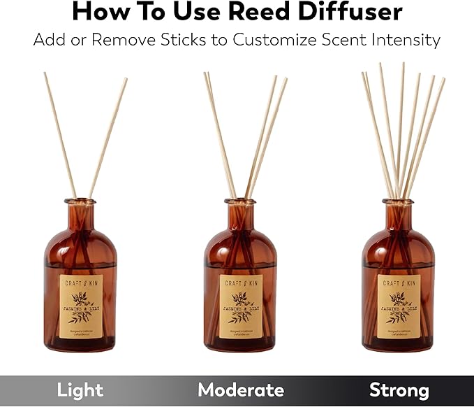 Craft & Kin Lily & Jasmine Reed Diffuser – 5.75 oz Essential Oil Diffuser for Home & Bathroom – Up to 120-Day Fragrance with 8 Rattan Scent Sticks – Amber Glass Room Decor