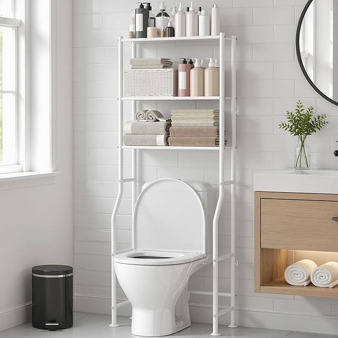 GloTika 3-Tier Over Toilet Storage Rack, Metal Over Toilet Bathroom Organizer Shelf, Freestanding Space Saver Storage Shelves for Bathroom/Laundry/Living Room (White)
