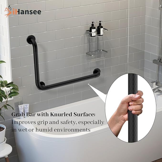 Matte Black Angled Grab Bar 16x24 Inch, iHansee Bathroom Safety Bar w/Anti-Slip Knurled Grip, Wall Mount L Shaped Shower Handle for Elderly Senior Handicap, Toilet Bathtub Balance Support Handrail