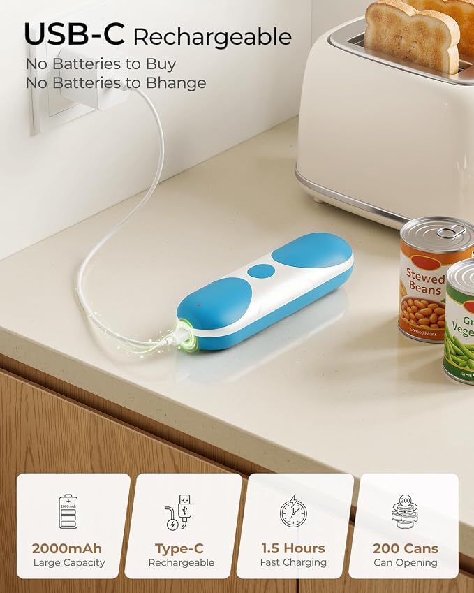 Electric Can Opener, One-Touch Automatic Can Opener, USB Rechargeable Electric Can Opener for Seniors with Arthritis- Cordless Battery Powered, Side Cut, Smooth Edge, Handsfree, for Any Size Cans