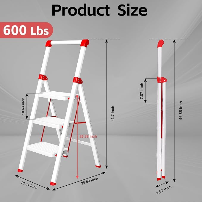 Foldable Step Ladder Stool for Home,3 Step Stool with Wide Anti-Slip Pedal, Heavy Duty 600Lbs Ladder for Indoor Kitchen Closet Stair Use, White Red