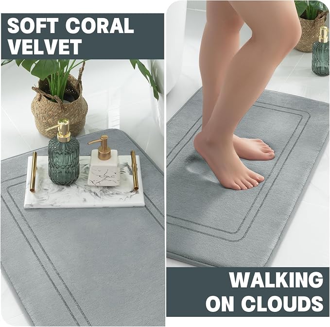 YIHOUSE Light Grey Memory Foam Bathroom Rug Set, 5 Piece Absorbent NonSlip Bath Mat for Bathroom, Washable Dry Quickly
