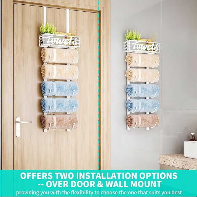 HapiRm Towel Racks for Bathroom Storage - 6 Tier Over The Door & Wall Mount Rolled Towel Storage Organizer Holder with Metal Shelf Basket for Small Bathroom, Camper, Rv - White, Patented