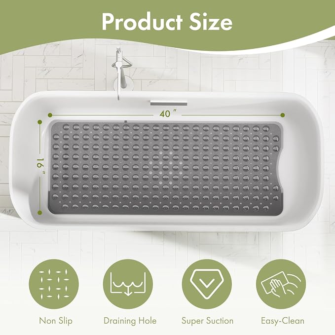 AmazerBath Shower Mat Non Slip 40 x 16 Inches, Shower Stall Mats with Suction Cups and Drain Holes, Non Slip Bath Mat for Tub for Elderly & Kids, Clear Black