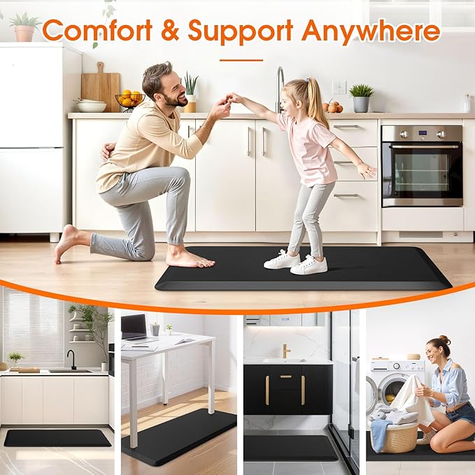 TranquilRelax Kitchen Mat, Cushioned Thick Floor Comfort Mat, with Non-Slip Bottom, Waterproof & Stain Resistant & Easy Clean, Standing Desk Mat for Kitchen, Sink, Office (17.3''x39'', Black)
