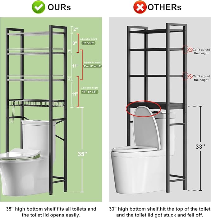 Kalrin Over-The-Toilet Storage Rack, 4-Tier Bathroom Organizer Shelf Over Toilet with Adjustable Shelf and Basket, Freestanding Space Saver Bathroom Shelves Above Toilet for Room (Pure Gray)