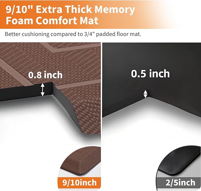 UKISS 9/10"" Extra Thick Cushioned Anti Fatigue Kitchen Mat, Waterproof High Density Foam Standing Desk Mat, Non-Slip Ergonomic Comfort Mat for Kitchen, Office,Workstation Black (Brown, 20" X 48")