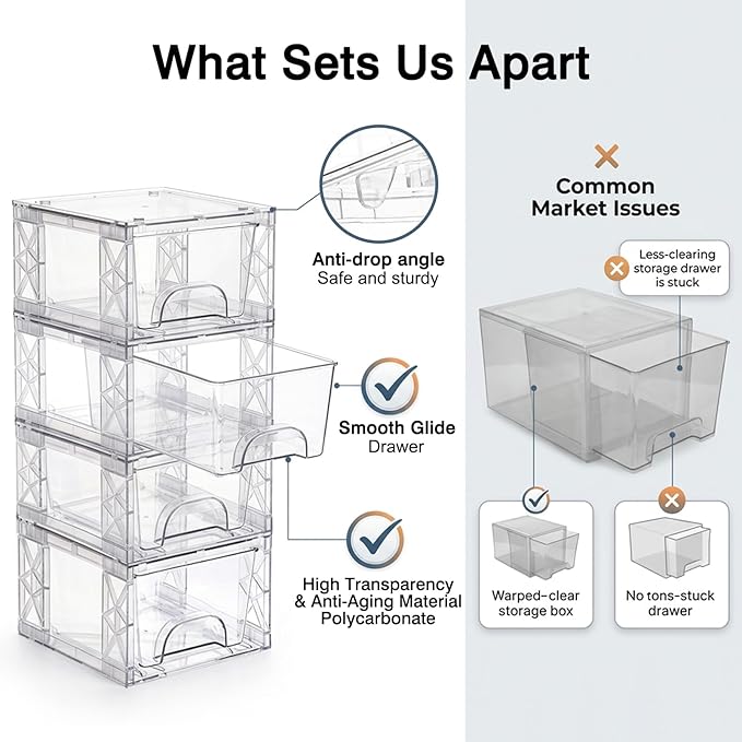 Under Bathroom Sink Organizer Stackable Storage Drawers 4.4in Small Acrylic Medicine Cabinet Bins, Simply Assembled Box Containers for Cosmetics, Bathroom, Kitchen, Snack(4 Pack)