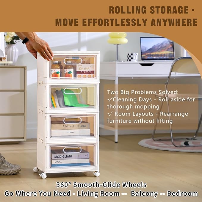 Freebat 4-Tier Stackable Storage Bins with Lid, 23QT Storage Containers,Clear Foldable Plastic Drawer Storage on Wheels,Closet Organizers and Storage for Living Room,Bedroom,Office,Dorm