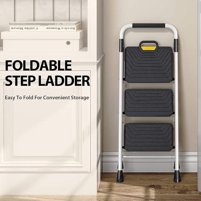 TOOLF 3 Step Ladder, Sturdy Steel Step Stool with Anti-Slip Wide Pedals, Handrail, Safe-Lock Design, Folding Portable Ladder for Multi-Purpose, Home, Kitchen, Pass 800lbs Load Testing, White