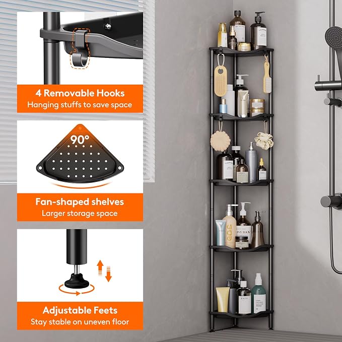Lifewit Floor Standing Shower Caddy Corner, 5 Tier Plastic Shower Stand Rack with Adjustable Feet and Hooks, Rustproof Bathroom Shelf Organizer, Black，34 x 24 x 139 cm/13 x 9.5 x 55 inch