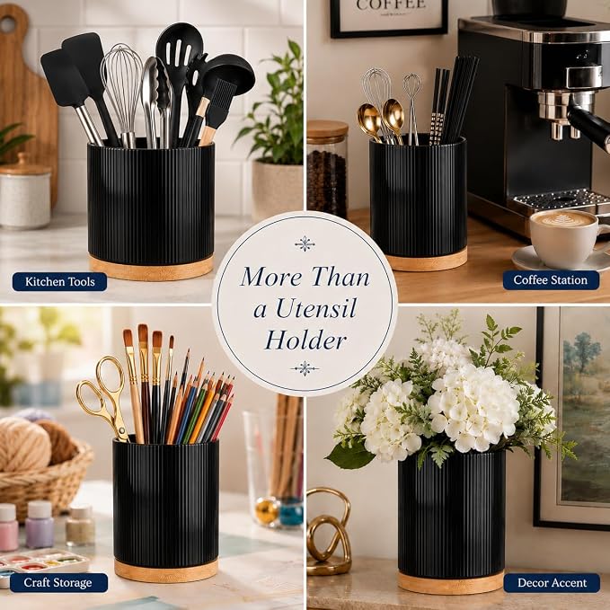 QUELIEN Utensil Holder, 360° Rotating Ceramic Kitchen Utensil Holder for Countertop, 7.7" Utensil Crock for Kitchen Counter with Rotatable Wooden Base,Ideal Housewarming Gift & Mothers Day Gift