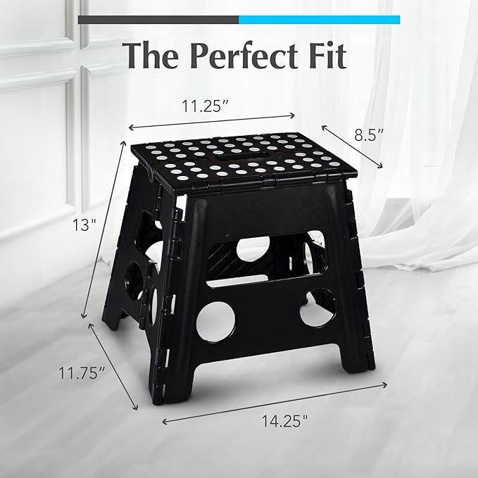 Handy Laundry Folding Lightweight Step Stool - Sturdy Enough to Support Adults - Opens Easy with One Flip - Great for Kitchen, Bathroom or Bedroom (Black- 13 inch)