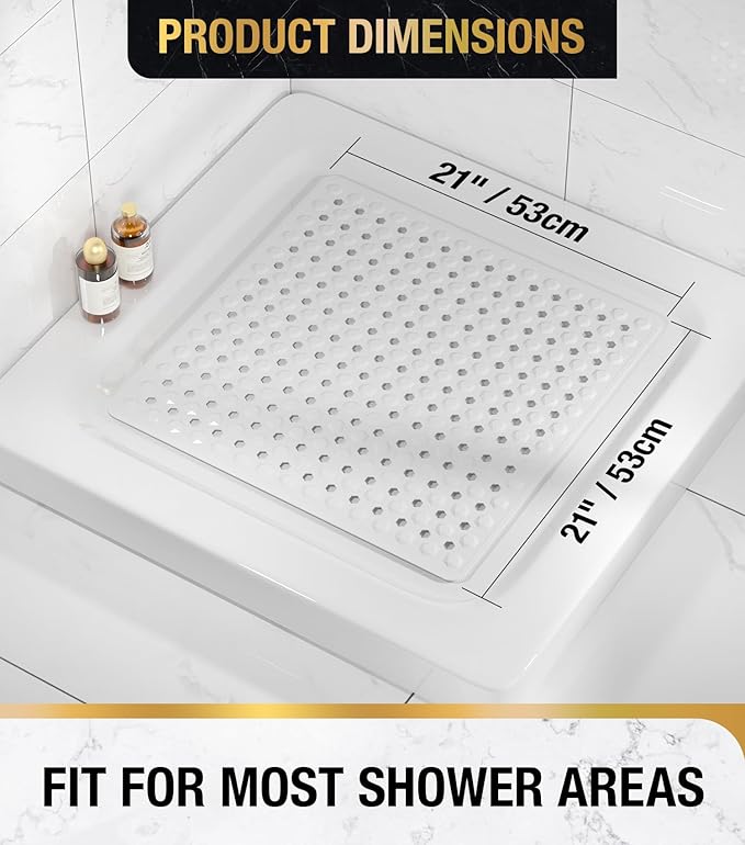 HITSLAM Shower Mat Anti Slip, Square Bath Mat for Tub Non Slip with Suction Cups and Drain Holes, 21x21 Inch Bathroom Shower Stall Floor Mat, Machine Washable, Soft on Feet, White