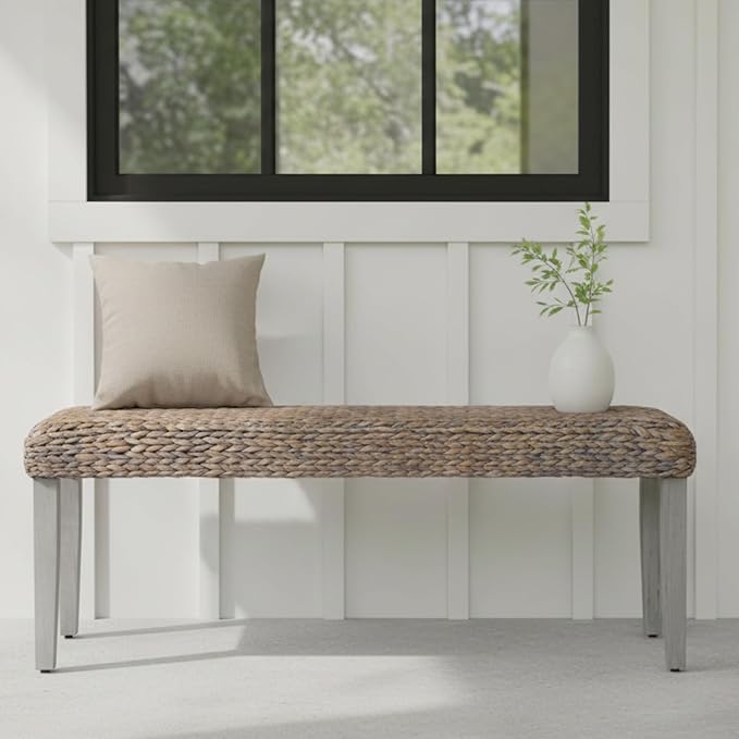 Solid Wood Acacia Indoor Bench with Natural Woven Water Hyacinth Seat, Wood Bench for Living Room or Entryway, Vintage Bench, Fishbone Style, Grey Leg