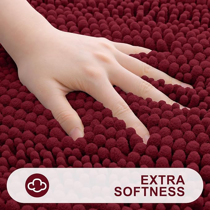 Grandaily Chenille Striped Bathroom Rugs 59x35, Extra Thick and Absorbent Bath Mats, Non-Slip Soft Plush Shaggy Shower Carpet, Machine Wash Dry, Bath Rug for Bathroom, Burgundy