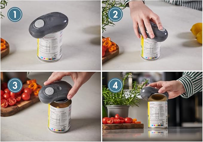 Culinare One Touch Electronic Tin Opener, Grey, Plastic/Stainless Steel, Automatic Can Opener, Battery Operated/Hands-Free Use/Magnetic Lid Removal, Batteries Not Included