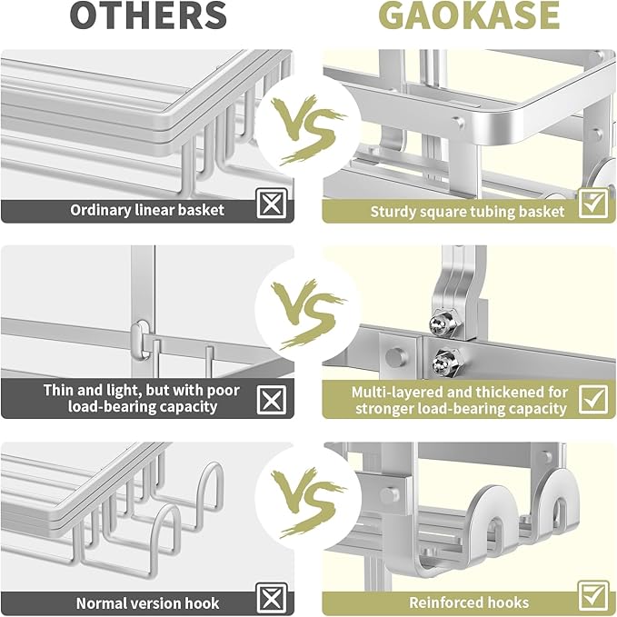 GAOKASE Aluminum Shower Caddy Hanging, Never Rust Shower Organizer- 4 Levels with adjustable Height 10 Hooks for Razor/Sponge - Rack with Soap Basket (Silver)