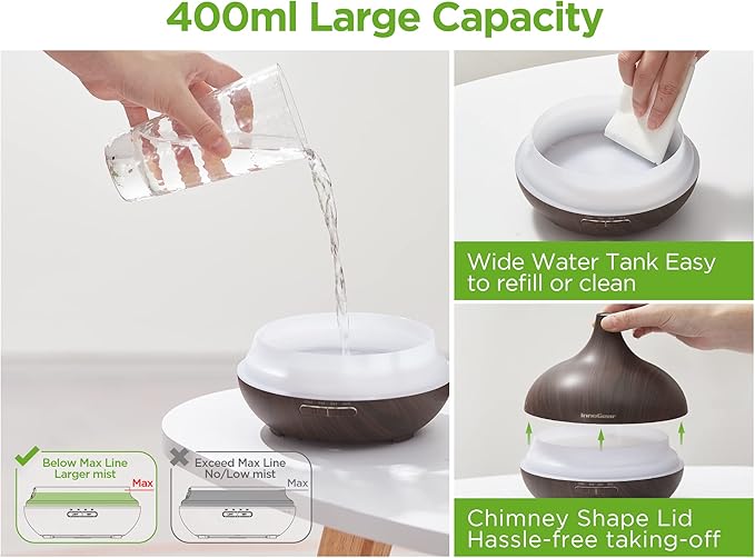InnoGear Aromatherapy Diffuser & 10 Essential Oils Set, 400ml Diffuser Ultrasonic Diffusers for Home Cool Mist Humidifier with 4 Timers 7 Colors Light Waterless Auto Off, Dark Wood Grain