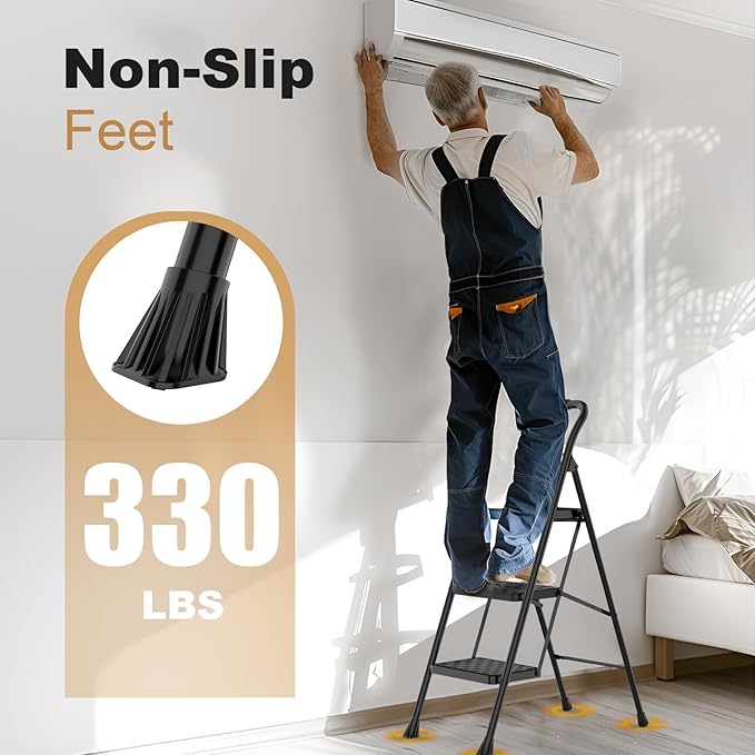 HBTower 3 Step Ladder, Step Stool Foldable for Adults with Wide Anti-Slip Pedal, Lightweight 3 Step Ladders for Home, Black
