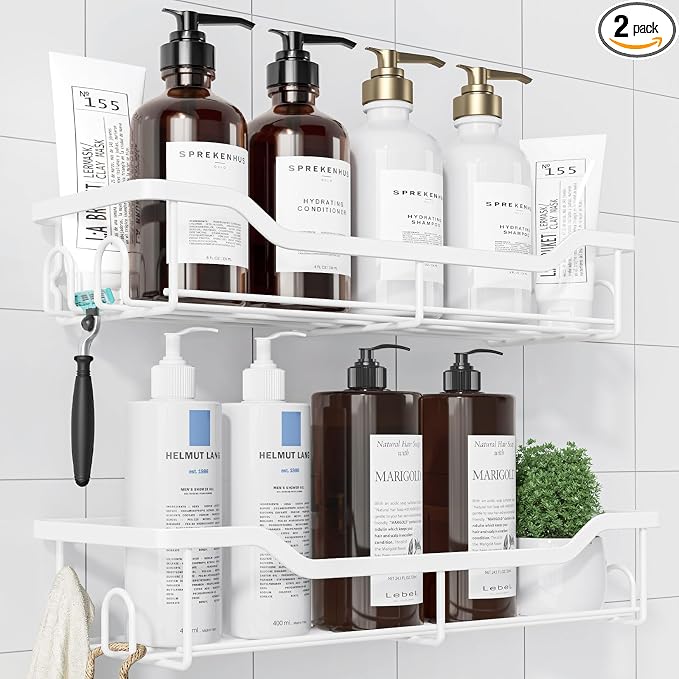 Kitsure Shower Caddy Large - Adhesive Shower Organizer, Stainless Steel Shelf for Inside Shower, No Drill Bathroom Organizers and Storage, Home Decor Accessories, 2 Pack, White