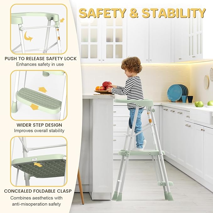 HBTower Kids Step Stool 2 Steps with Anti-Drop Safty Railing, Toddler Tower for Kitchen Counter Learning, Toddler Kitchen Stool Helper,Kids Standing Folding Stepper (Green)
