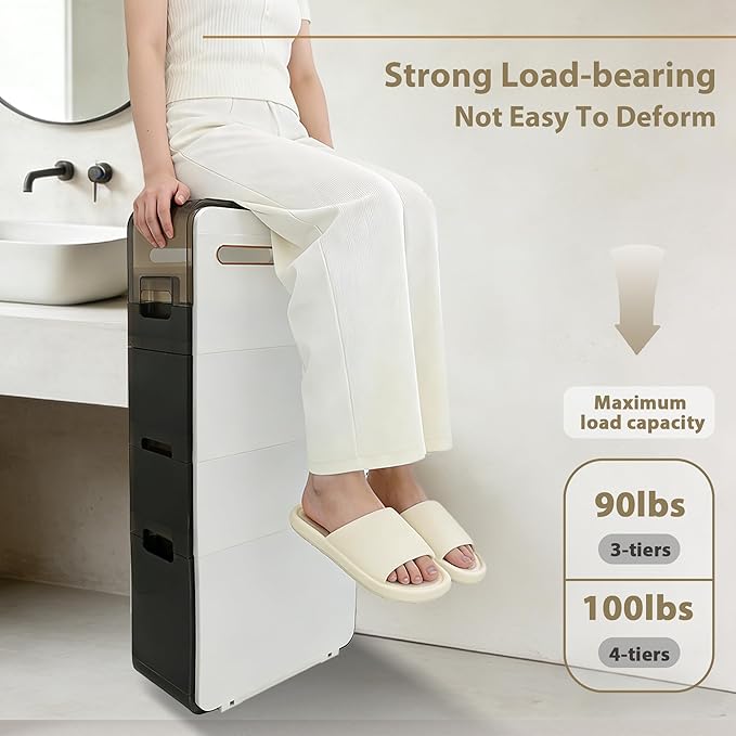 BGYMF Ultra Thin 3-Tier Slim Bathroom Storage Cabinet, Slim Cabinet for Bathroom, Narrow Rolling Cart with Wheels, White Plastic Organizer for Small Space, Kitchen, Laundry, Living Room, Corner