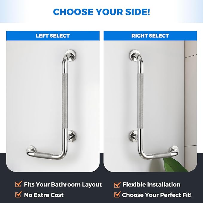 L-Shaped Grab Bars for Shower, 24x12 Inch Stainless Steel Grab Bars for Elderly for Wall Mount, Anti-Slip Knurled Grip Bathroom Safety Rail, Left