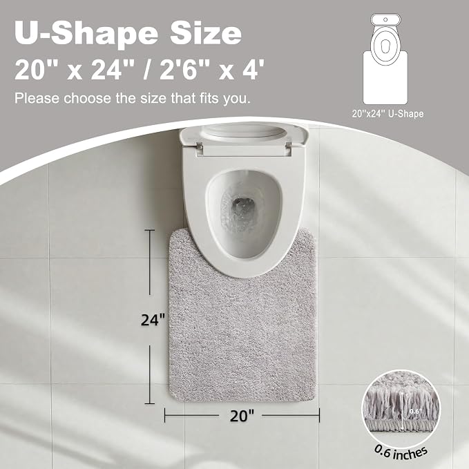 TYUU Toilet Rug, Ultra Soft Toilet Rugs U Shaped Machine Washable Non Slip Absorbent Quick Dry Toilet Mat with Rubber Backing, Light Grey 20" x 24" U Shape